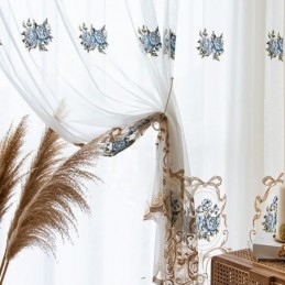 Cortina Floral Transparente Feita Sob Medida Em Tule Bordado Para Sala De Estar