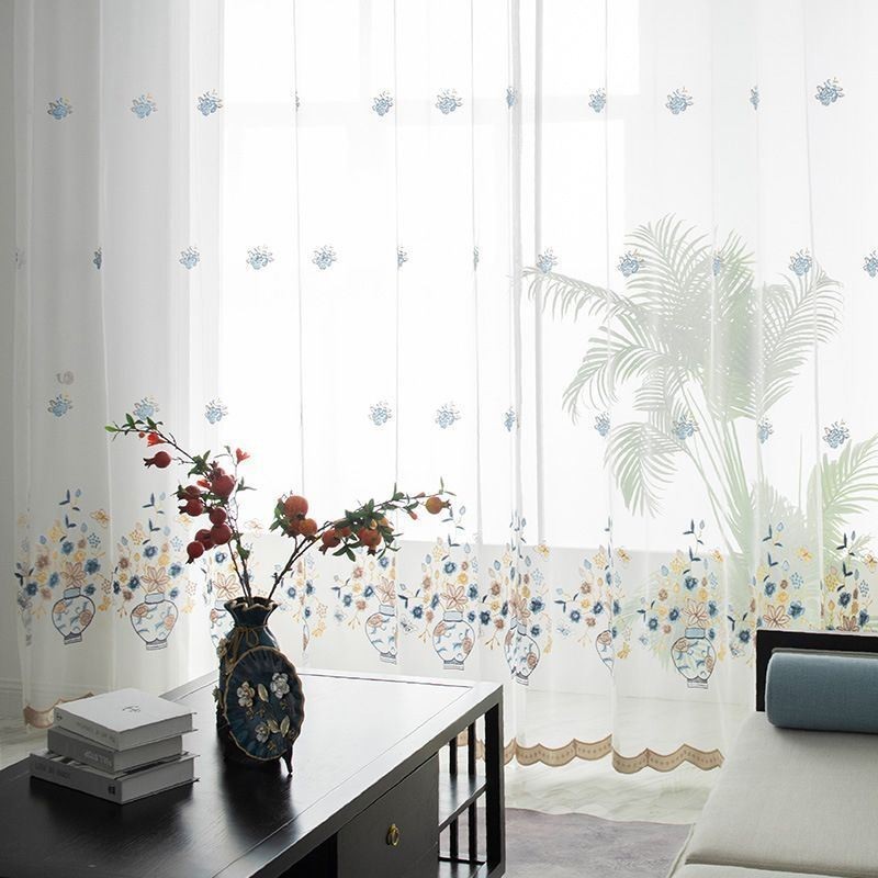Cortinas De Tule Transparente Bordadas, Cortina De Voile Floral, Cortina Sob Medida Para Sala De Estar