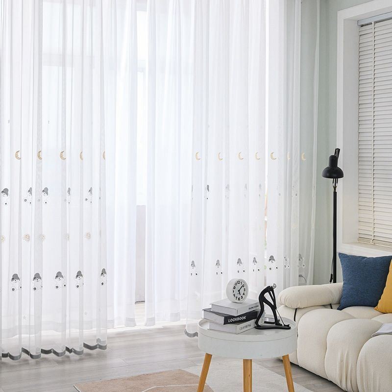 Cortina De Tule Bordado Com Desenho Animado Feita Sob Medida, Cortina Com Padrão Adorável, Tratamento De Janela Transparente