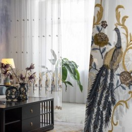Cortina De Tule Bordado De Pavão Sob Medida Cortina Europeia De Luxo Em Voile Transparente Para Sala De Estar