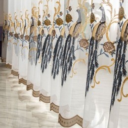 Cortina De Tule Bordado De Pavão Sob Medida Cortina Europeia De Luxo Em Voile Transparente Para Sala De Estar