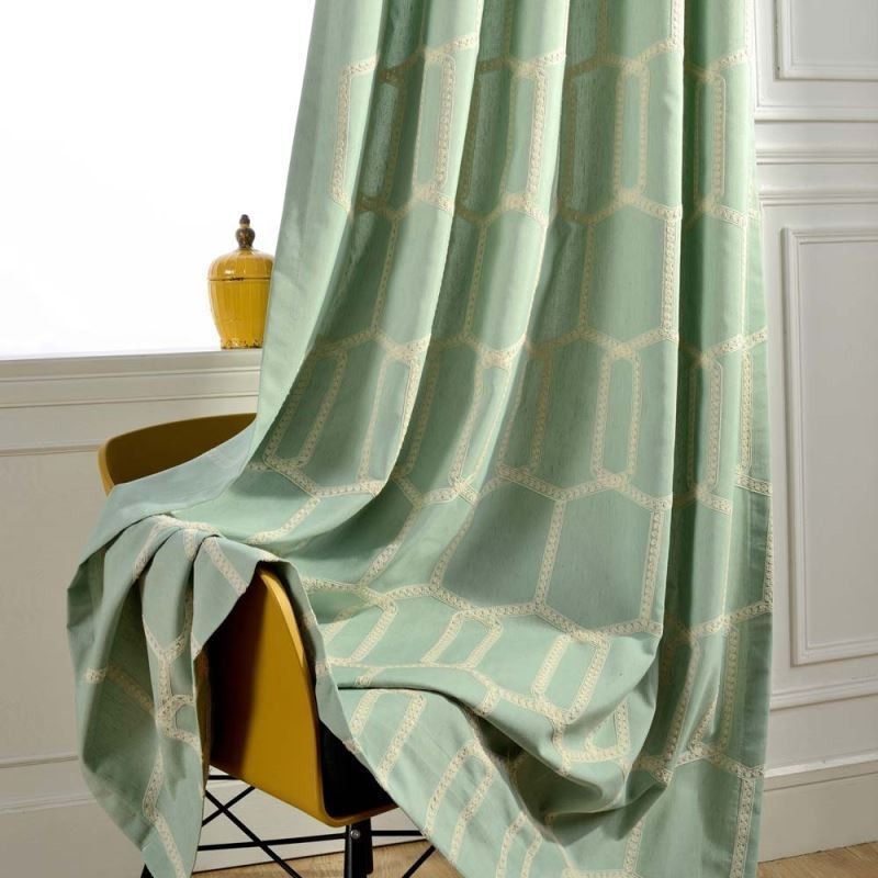 Cortina Abstrata Semi Blackout Feita Sob Medida Com Bordado Em Favo De Mel Para Sala De Estar