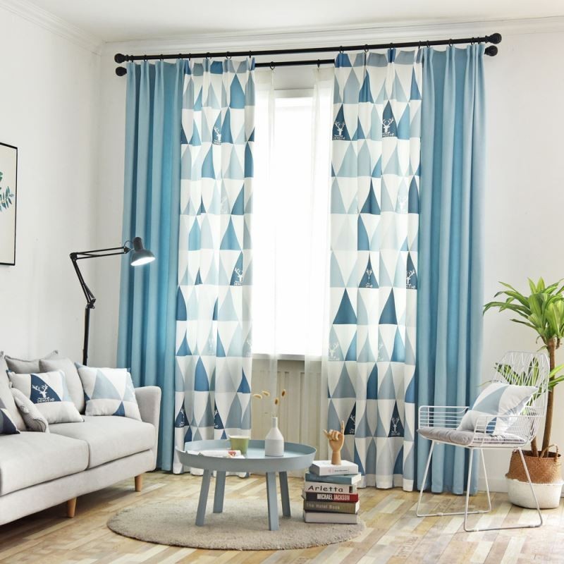 Cortina Nórdica Semi Blackout Feita Sob Medida Com Estampa Triangular Para Sala De Estar