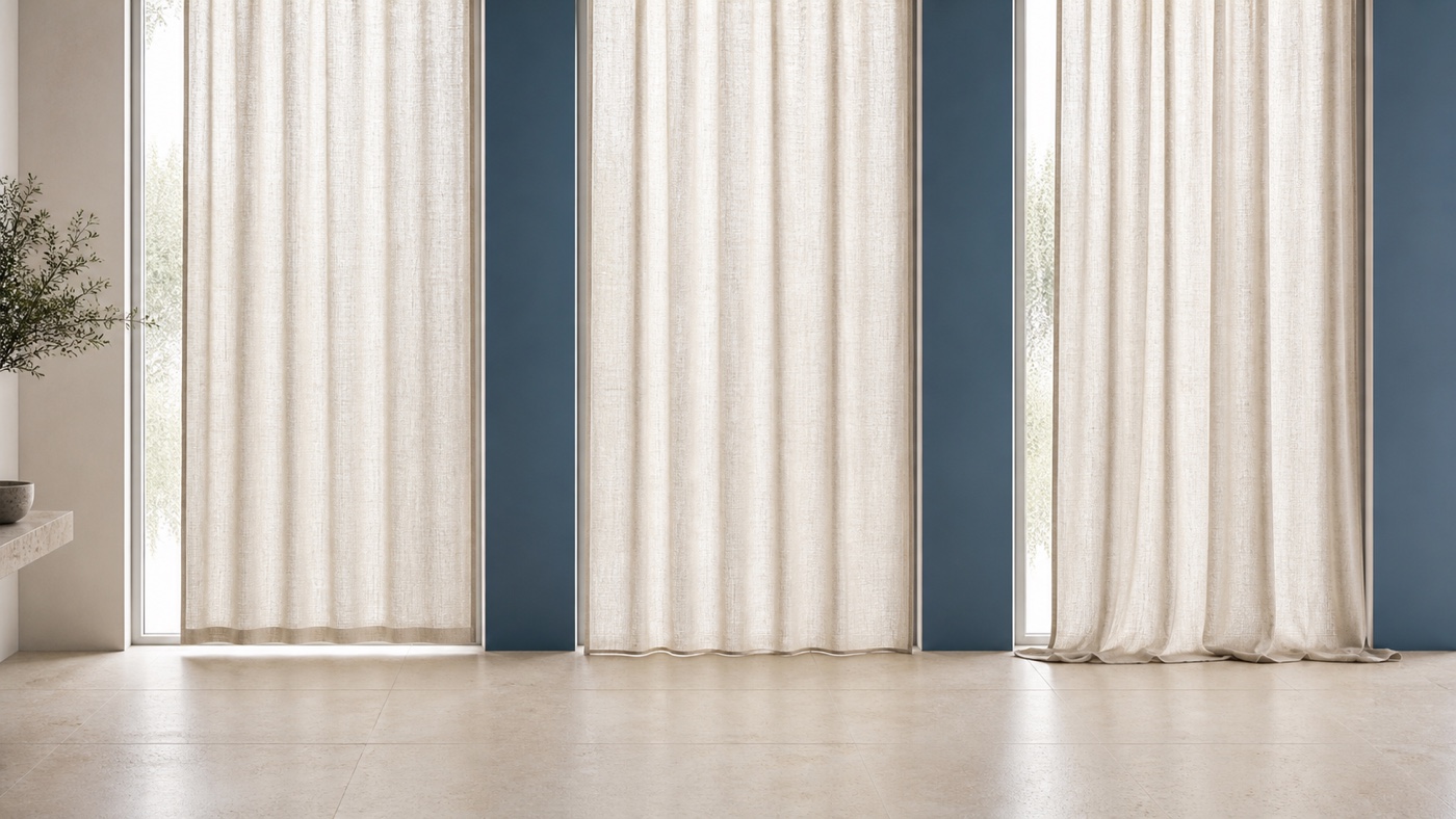 Cortinas acima do chão, a tocar e com efeito pousado