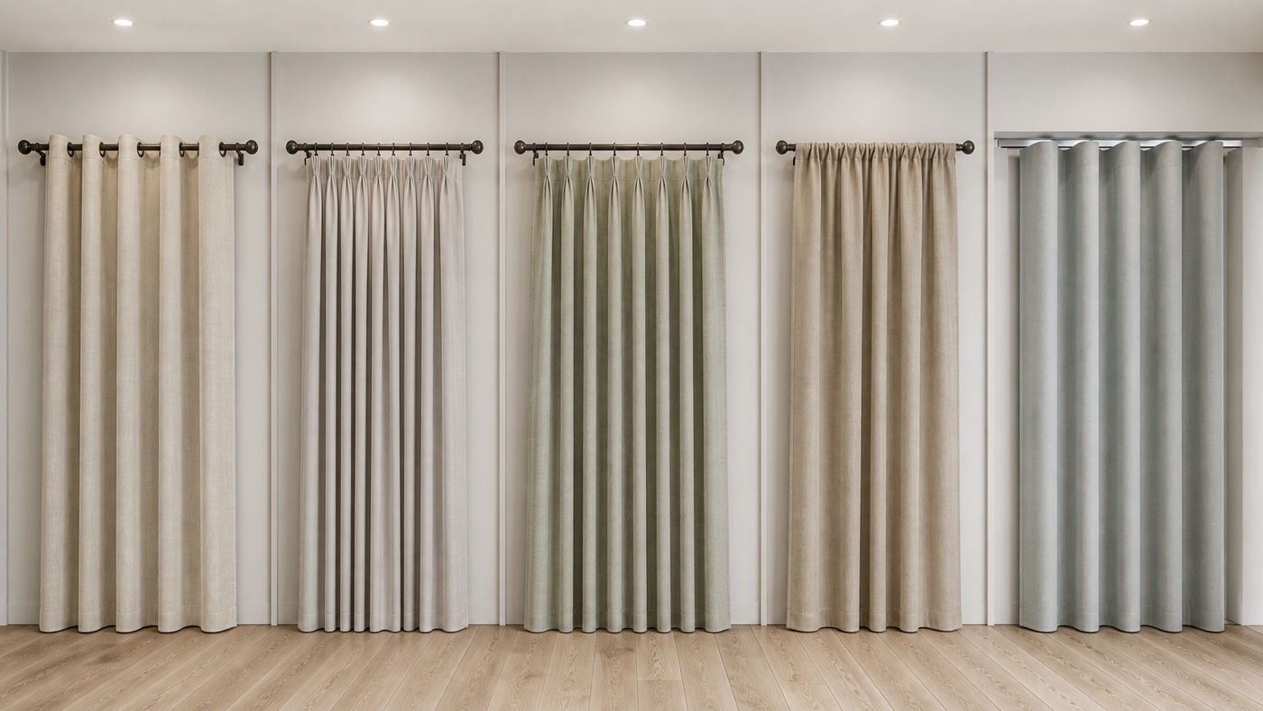 Cinco cortinas com hardware completo: ilhós, fita, prega dupla, bolso e onda